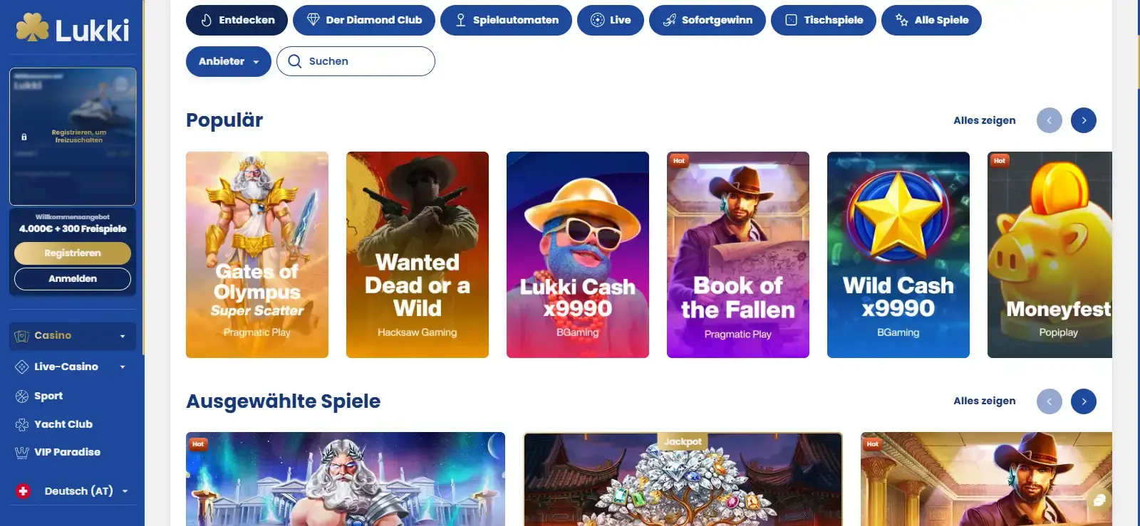 Aktuelle Lukki Germany-Locale Startseite mit Casino, Live Casino und Sports Navigation