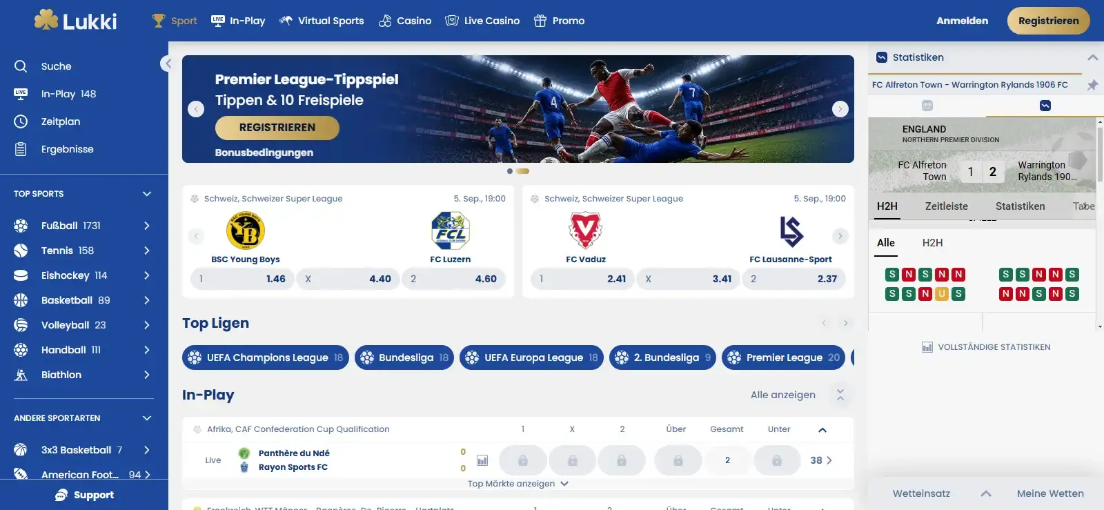 Aktuelle Lukki Sportsbook-Oberfläche mit Sportnavigation und Wettmärkten