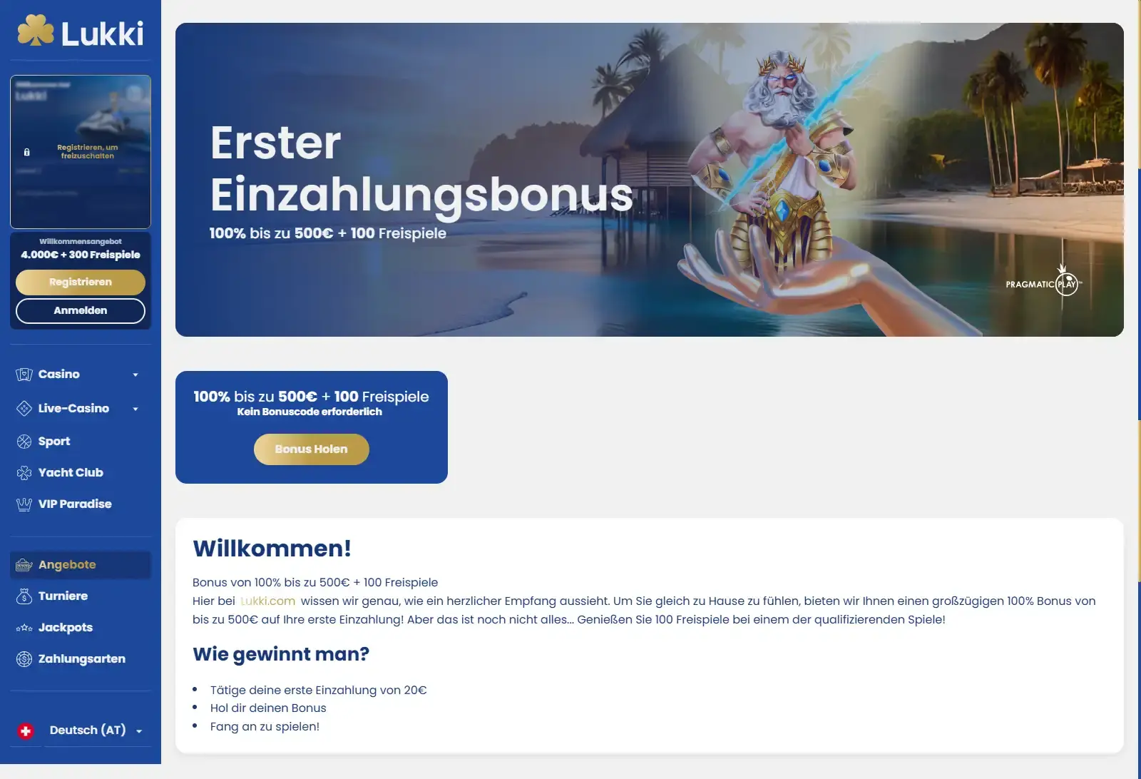 Aktuelle offizielle Lukki-Seite zum ersten Einzahlungsbonus mit Bonusbetrag, Freispielen und Bonusbedingungen