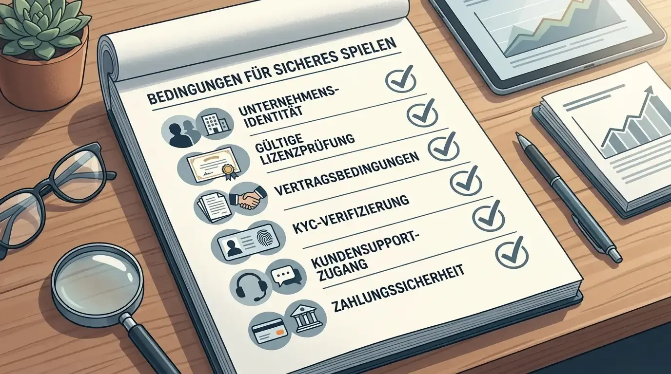 Neutrale Prüfliste für die Bewertung eines Online-Casinos mit Punkten zu Betreiber, Lizenz, AGB, KYC, Support und Zahlungen