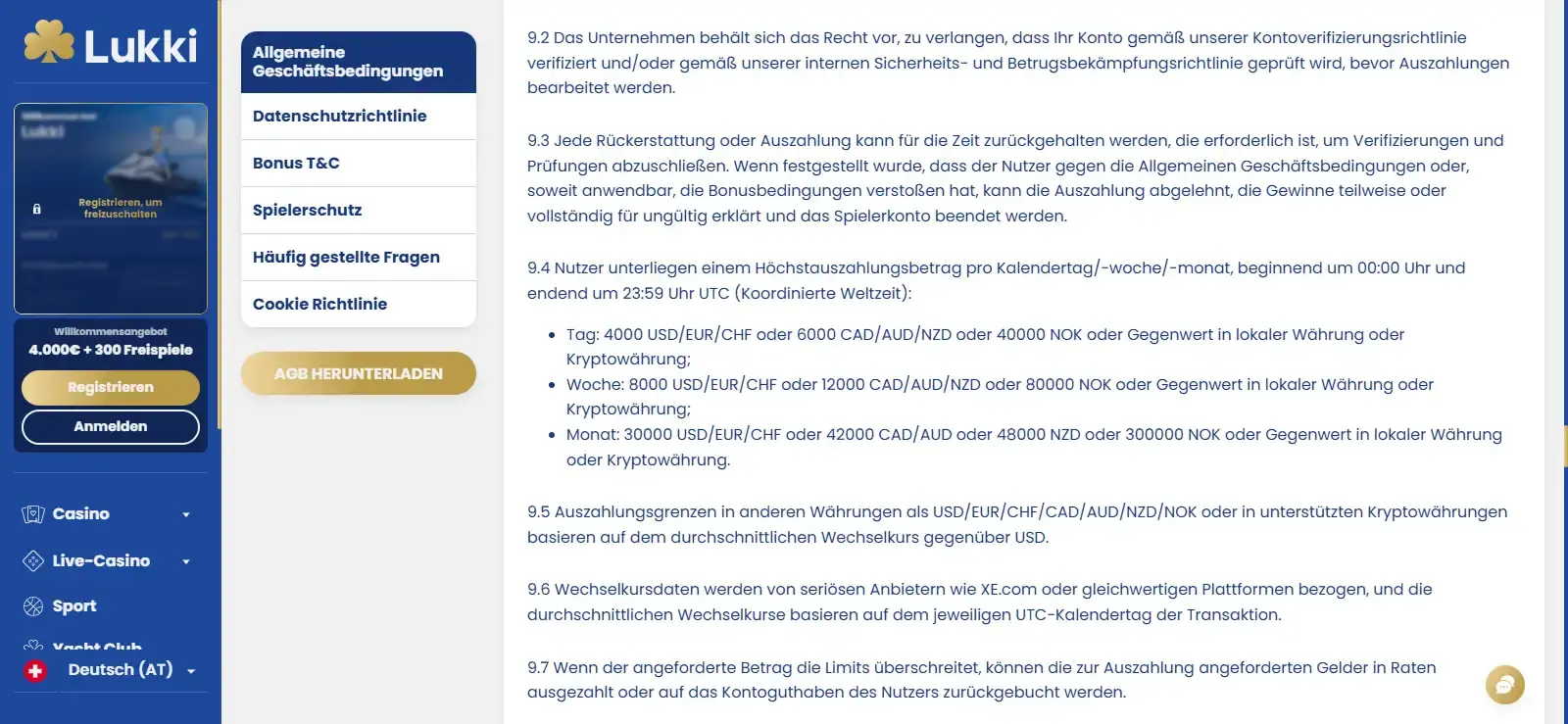 Offizielle Lukki-AGB mit Auszahlungslimits und Regel zum dreifachen Einzahlungsumsatz