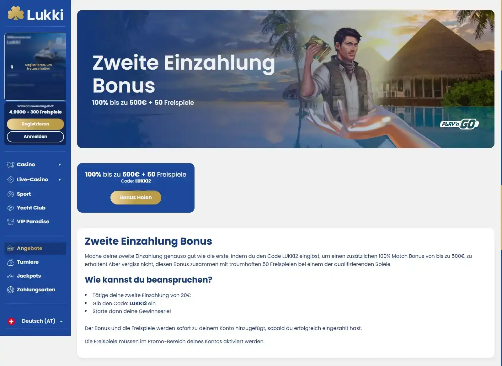 Offizielle Lukki-Seite zum zweiten Einzahlungsbonus mit sichtbar ausgewiesenem Code LUKKI2