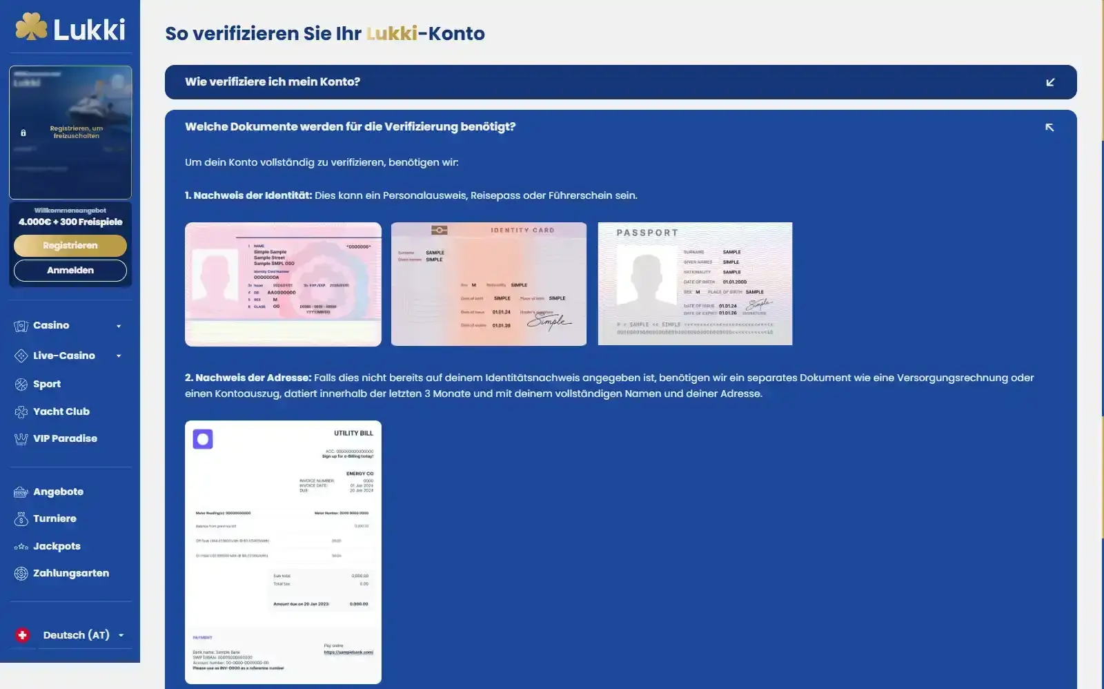 Offizielle Lukki-Verifizierungsseite mit den Bereichen Identität, Adresse und Zahlungsnachweis