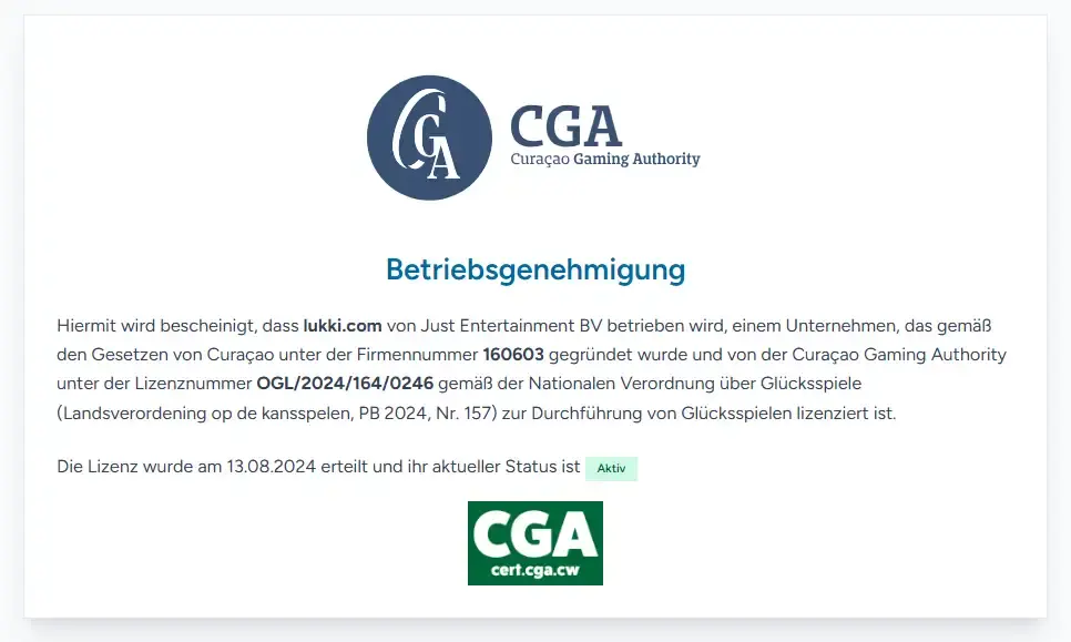 Offizielles Curaçao Gaming Authority Zertifikat für lukki.com mit Lizenznummer OGL/2024/164/0246 und Status Active