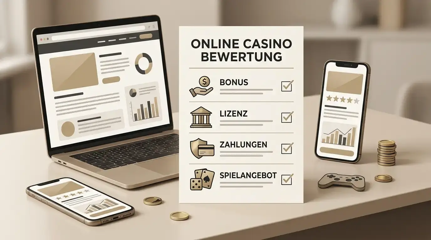 Redaktionelle Illustration eines Casino-Tests mit Laptop, Smartphone, Prüfliste und Symbolen für Bonus, Zahlungen, Spiele und Lizenz